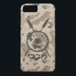 Desert Maccabee Shield And Spears iPhone 8 Plus/7 Plus Case<br><div class="desc">A military brown "subdued" style depiction of a Maccabee&#39;s shield and two spears on a desert camo background. The shield is adorned by a lion and text reading "Yisrael" (Israel) in the Paleo-Hebrew alphabet. Hebrew text reading "Maccabee" also appears. The Maccabees were Jewish rebels who freed Judea from the yoke...</div>