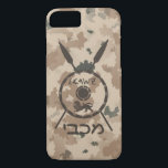 Desert Maccabee Shield And Spears iPhone 8/7 Case<br><div class="desc">A military brown "subdued" style depiction of a Maccabee&#39;s shield and two spears on a desert camo background. The shield is adorned by a lion and text reading "Yisrael" (Israel) in the Paleo-Hebrew alphabet. Hebrew text reading "Maccabee" also appears. The Maccabees were Jewish rebels who freed Judea from the yoke...</div>