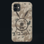 Desert Maccabee Shield And Spears iPhone 11 Case<br><div class="desc">A military brown "subdued" style depiction of a Maccabee's shield and two spears on a desert camo background. The shield is adorned by a lion and text reading "Yisrael" (Israel) in the Paleo-Hebrew alphabet. Hebrew text reading "Maccabee" also appears. The Maccabees were Jewish rebels who freed Judea from the yoke...</div>