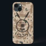 Desert Maccabee Shield And Spears iPhone 13 Case<br><div class="desc">A military brown "subdued" style depiction of a Maccabee's shield and two spears on a desert camo background. The shield is adorned by a lion and text reading "Yisrael" (Israel) in the Paleo-Hebrew alphabet. Hebrew text reading "Maccabee" also appears. The Maccabees were Jewish rebels who freed Judea from the yoke...</div>