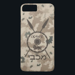 Desert Maccabee Shield And Spears iPhone 8 Plus/7 Plus Case<br><div class="desc">A military brown "subdued" style depiction of a Maccabee&#39;s shield and two spears on a desert camo background. The shield is adorned by a lion and text reading "Yisrael" (Israel) in the Paleo-Hebrew alphabet. Hebrew text reading "Maccabee" also appears. The Maccabees were Jewish rebels who freed Judea from the yoke...</div>