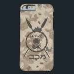 Desert Maccabee Shield And Spears Barely There iPhone 6 Case<br><div class="desc">A military brown "subdued" style depiction of a Maccabee's shield and two spears on a desert camo background. The shield is adorned by a lion and text reading "Yisrael" (Israel) in the Paleo-Hebrew alphabet. Hebrew text reading "Maccabee" also appears. The Maccabees were Jewish rebels who freed Judea from the yoke...</div>