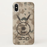 Desert Maccabee Shield And Spears iPhone XS Case<br><div class="desc">A military brown "subdued" style depiction of a Maccabee&#39;s shield and two spears on a desert camo background. The shield is adorned by a lion and text reading "Yisrael" (Israel) in the Paleo-Hebrew alphabet. Hebrew text reading "Maccabee" also appears. The Maccabees were Jewish rebels who freed Judea from the yoke...</div>