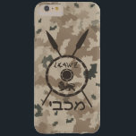 Desert Maccabee Shield And Spears Barely There iPhone 6 Plus Case<br><div class="desc">A military brown "subdued" style depiction of a Maccabee's shield and two spears on a desert camo background. The shield is adorned by a lion and text reading "Yisrael" (Israel) in the Paleo-Hebrew alphabet. Hebrew text reading "Maccabee" also appears. The Maccabees were Jewish rebels who freed Judea from the yoke...</div>