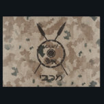 Desert Maccabee Shield And Spears Cutting Board<br><div class="desc">A military brown "subdued" style depiction of a Maccabee's shield and two spears on a desert camo background. The shield is adorned by a lion and text reading "Yisrael" (Israel) in the Paleo-Hebrew alphabet. Hebrew text reading "Maccabee" also appears. The Maccabees were Jewish rebels who freed Judea from the yoke...</div>