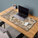 Desert Maccabee Shield And Spears Desk Mat<br><div class="desc">A military brown "subdued" style depiction of a Maccabee's shield and two spears on a desert camo background. The shield is adorned by a lion and text reading "Yisrael" (Israel) in the Paleo-Hebrew alphabet. Hebrew text reading "Maccabee" also appears. Customize by adding your own additional text. The Maccabees were Jewish...</div>