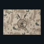 Desert Maccabee Shield And Spears Doormat<br><div class="desc">A military brown "subdued" style depiction of a Maccabee's shield and two spears on a desert camo background. The shield is adorned by a lion and text reading "Yisrael" (Israel) in the Paleo-Hebrew alphabet. Add your own text. The Maccabees were Jewish rebels who freed Judea from the yoke of the...</div>