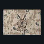 Desert Maccabee Shield And Spears Doormat<br><div class="desc">A military brown "subdued" style depiction of a Maccabee's shield and two spears on a desert camo background. The shield is adorned by a lion and text reading "Yisrael" (Israel) in the Paleo-Hebrew alphabet. Modern Hebrew text reading "Maccabee" also appears. The Maccabees were Jewish rebels who freed Judea from the...</div>