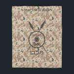 Desert Maccabee Shield And Spears Fleece Blanket<br><div class="desc">A military brown "subdued" style depiction of a Maccabee's shield and two spears on a desert camo background. The shield is adorned by a lion and text reading "Yisrael" (Israel) in the Paleo-Hebrew alphabet. Hebrew text reading "Maccabee" also appears. Add your own additional text. The Maccabees were Jewish rebels who...</div>