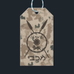Desert Maccabee Shield And Spears Gift Tags<br><div class="desc">A military brown "subdued" style depiction of a Maccabee's shield and two spears on a desert camo background. The shield is adorned by a lion and text reading "Yisrael" (Israel) in the Paleo-Hebrew alphabet. The Maccabees were Jewish rebels who freed Judea from the yoke of the Seleucid Empire. Chanukkah is...</div>