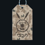 Desert Maccabee Shield And Spears Gift Tags<br><div class="desc">A military brown "subdued" style depiction of a Maccabee's shield and two spears on a desert camo background. The shield is adorned by a lion and text reading "Yisrael" (Israel) in the Paleo-Hebrew alphabet. Add your own text on the reverse side. The Maccabees were Jewish rebels who freed Judea from...</div>