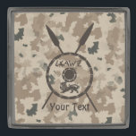 Desert Maccabee Shield And Spears Gunmetal Finish Lapel Pin<br><div class="desc">A military brown "subdued" style depiction of a Maccabee's shield and two spears on a desert camo background. The shield is adorned by a lion and text reading "Yisrael" (Israel) in the Paleo-Hebrew alphabet. Add your own text. The Maccabees were Jewish rebels who freed Judea from the yoke of the...</div>