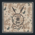 Desert Maccabee Shield And Spears Gunmetal Finish Lapel Pin<br><div class="desc">A military brown "subdued" style depiction of a Maccabee's shield and two spears on a desert camo background. The shield is adorned by a lion and text reading "Yisrael" (Israel) in the Paleo-Hebrew alphabet. Modern Hebrew text reading "Maccabee" also appears. The Maccabees were Jewish rebels who freed Judea from the...</div>