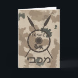 Desert Maccabee Shield And Spears Holiday Card<br><div class="desc">A military brown "subdued" style depiction of a Maccabee's shield and two spears on a desert camo background. The shield is adorned by a lion and text reading "Yisrael" (Israel) in the Paleo-Hebrew alphabet. Hebrew text reading "Maccabee" also appears. Add your own additional text. The Maccabees were Jewish rebels who...</div>
