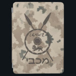 Desert Maccabee Shield And Spears iPad Air Cover<br><div class="desc">A military brown "subdued" style depiction of a Maccabee's shield and two spears on a desert camo background. The shield is adorned by a lion and text reading "Yisrael" (Israel) in the Paleo-Hebrew alphabet. Hebrew text reading "Maccabee" also appears. The Maccabees were Jewish rebels who freed Judea from the yoke...</div>