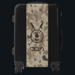 Desert Maccabee Shield And Spears Luggage<br><div class="desc">A military brown "subdued" style depiction of a Maccabee's shield and two spears on a desert camo background. The shield is adorned by a lion and text reading "Yisrael" (Israel) in the Paleo-Hebrew alphabet. Modern Hebrew text reading "Maccabee" also appears. The Maccabees were Jewish rebels who freed Judea from the...</div>