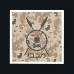 Desert Maccabee Shield And Spears Napkins<br><div class="desc">A military brown "subdued" style depiction of a Maccabee's shield and two spears on a desert camo background. The shield is adorned by a lion and text reading "Yisrael" (Israel) in the Paleo-Hebrew alphabet. Modern Hebrew text reading "Maccabee" also appears. The Maccabees were Jewish rebels who freed Judea from the...</div>