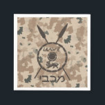 Desert Maccabee Shield And Spears Napkins<br><div class="desc">A military brown "subdued" style depiction of a Maccabee's shield and two spears on a desert camo background. The shield is adorned by a lion and text reading "Yisrael" (Israel) in the Paleo-Hebrew alphabet. Modern Hebrew text reading "Maccabee" also appears. The Maccabees were Jewish rebels who freed Judea from the...</div>