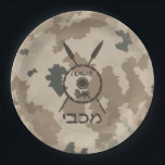 Desert Maccabee Shield And Spears Paper Plates<br><div class="desc">A military brown "subdued" style depiction of a Maccabee's shield and two spears on a desert camo background. The shield is adorned by a lion and text reading "Yisrael" (Israel) in the Paleo-Hebrew alphabet. Hebrew text reading "Maccabee" also appears. The Maccabees were Jewish rebels who freed Judea from the yoke...</div>