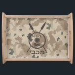 Desert Maccabee Shield And Spears Serving Tray<br><div class="desc">A military brown "subdued" style depiction of a Maccabee's shield and two spears on a desert camo background. The shield is adorned by a lion and text reading "Yisrael" (Israel) in the Paleo-Hebrew alphabet. Hebrew text reading "Maccabee" also appears. The Maccabees were Jewish rebels who freed Judea from the yoke...</div>