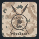 Desert Maccabee Shield And Spears Square Sticker<br><div class="desc">A military brown "subdued" style depiction of a Maccabee's shield and two spears on a desert camo background. The shield is adorned by a lion and text reading "Yisrael" (Israel) in the Paleo-Hebrew alphabet. English text reading "Maccabee" also appears. The Maccabees were Jewish rebels who freed Judea from the yoke...</div>