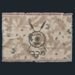 Desert Maccabee Shield And Spears Throw Blanket<br><div class="desc">A military brown "subdued" style depiction of a Maccabee's shield and two spears on a desert camo background. The shield is adorned by a lion and text reading "Yisrael" (Israel) in the Paleo-Hebrew alphabet. Hebrew text reading "Maccabee" also appears. The Maccabees were Jewish rebels who freed Judea from the yoke...</div>
