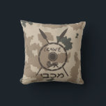 Desert Maccabee Shield And Spears Throw Pillow<br><div class="desc">A military brown "subdued" style depiction of a Maccabee's shield and two spears on a desert camo background. The shield is adorned by a lion and text reading "Yisrael" (Israel) in the Paleo-Hebrew alphabet. Hebrew text reading "Maccabee" also appears. Add your own text on the reverse side. The Maccabees were...</div>