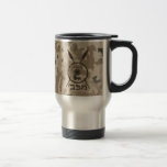 Desert Maccabee Shield And Spears Travel Mug<br><div class="desc">A military brown "subdued" style depiction of a Maccabee's shield and two spears on a desert camo background. The shield is adorned by a lion and text reading "Yisrael" (Israel) in the Paleo-Hebrew alphabet. Hebrew text reading "Maccabee" also appears. Add your own additional text on the reverse side. The Maccabees...</div>