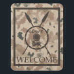 Desert Maccabee Shield And Spears - Welcome Door Sign<br><div class="desc">A military brown "subdued" style depiction of a Maccabee's shield and two spears on a desert camo background. The shield is adorned by a lion and text reading "Yisrael" (Israel) in the Paleo-Hebrew alphabet. English text reading, "WELCOME" also appears. The Maccabees were Jewish rebels who freed Judea from the yoke...</div>