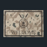 Desert Maccabee Shield And Spears - Welcome Doormat<br><div class="desc">A military brown "subdued" style depiction of a Maccabee's shield and two spears on a desert camo background. The shield is adorned by a lion and text reading "Yisrael" (Israel) in the Paleo-Hebrew alphabet. English text reading, "WELCOME" also appears. The Maccabees were Jewish rebels who freed Judea from the yoke...</div>