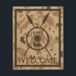 Desert Maccabee Shield And Spears - Welcome Wood Wall Art<br><div class="desc">A military brown "subdued" style depiction of a Maccabee's shield and two spears on a desert camo background. The shield is adorned by a lion and text reading "Yisrael" (Israel) in the Paleo-Hebrew alphabet. English text reading, "WELCOME" also appears. The Maccabees were Jewish rebels who freed Judea from the yoke...</div>