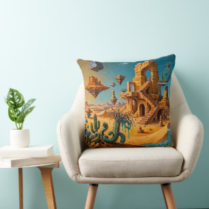 Desert Mirage Ochre Orange Teal Blue Throw Pillow