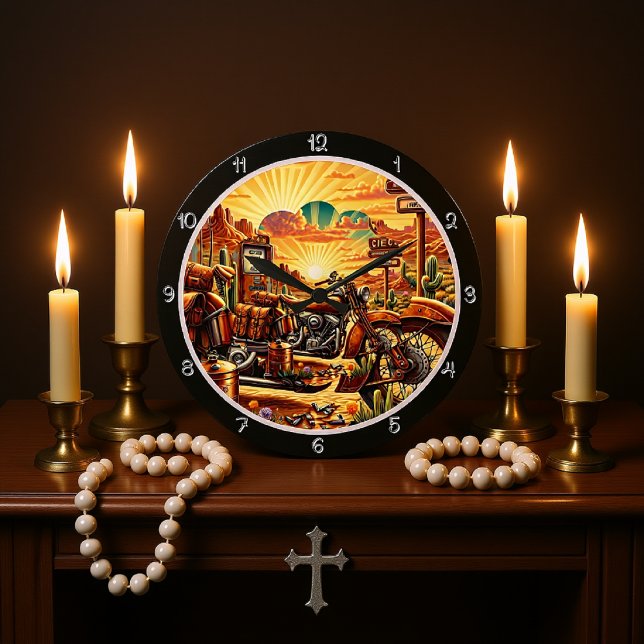 Desert Motorcycle Sunset Large Clock (Creator Uploaded)