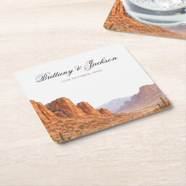 Desert Mountain Landscape Southwestern Wedding Square Paper Coaster (Angled)