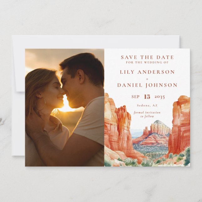 Desert Mountain Watercolor Photo Wedding Save The Date (Front)
