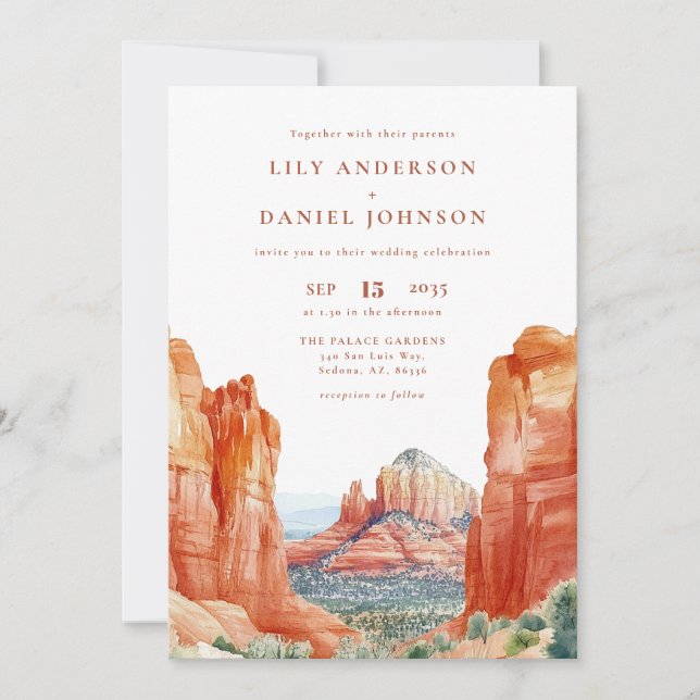 Desert Mountain Watercolor QR Code Wedding Invitation (Front)