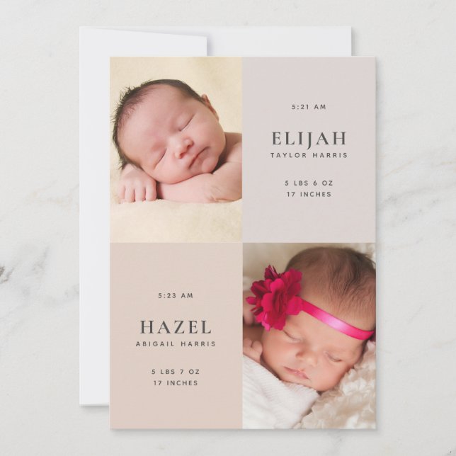 Desert Neutrals Twins 2-Sided Photo Birth Announcement (Front)