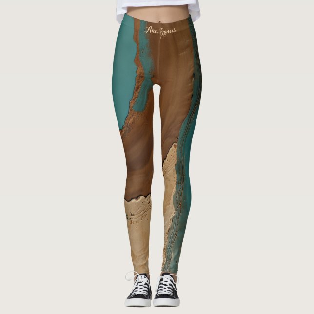 Desert Oasis Flow Earthy Brown Turquoise Modern Leggings (Front)