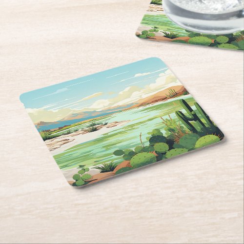 Desert Oasis Greens Beach lake  Square Paper Coaster