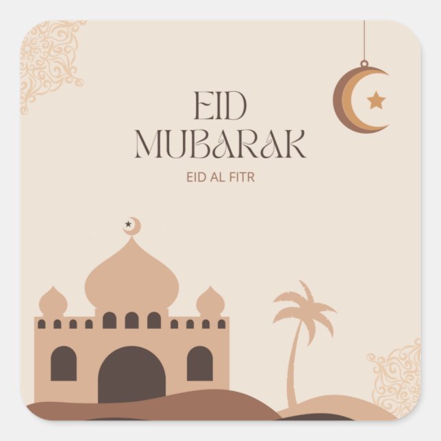 desert oasis mosque english happy eid-Eid Al Fitr- Square Sticker (Front)