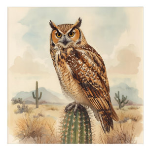 Desert Owl Illustration with Cactus Landscape Acrylic Print