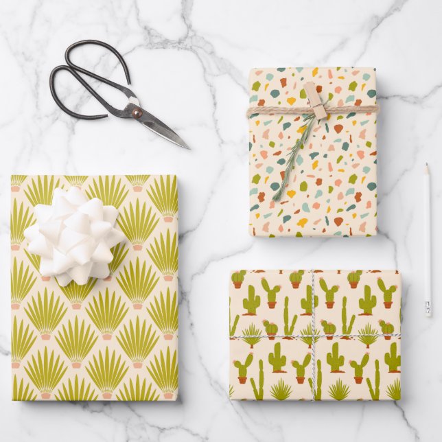 Desert Palm Botanicals, Cacti and Terrazzo - Cream Wrapping Paper Sheets (Front)