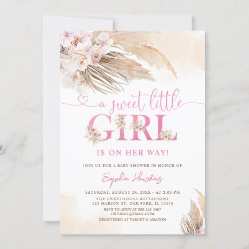 Desert Pink Boho Pampas Grass Girl Baby Shower Invitation