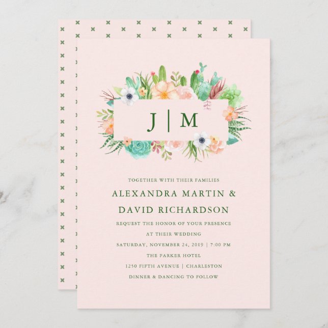 Desert Pink Succulent Wedding Invitation (Front/Back)