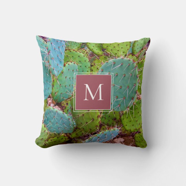 Desert Prickly Pear Cactus Monogram Succulent Throw Pillow (Front)