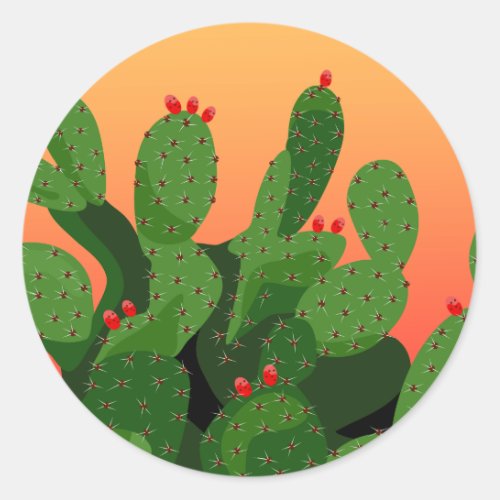 Desert Prickly Pear Cactus Sunset Classic Round Sticker