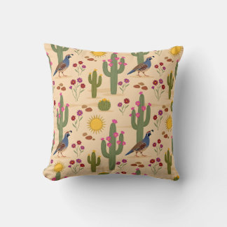 Desert Quail Colorful Cactus Floral Southwest  Throw Pillow