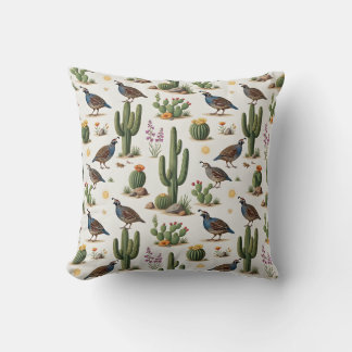 Desert Quail Dense Wildlife Cactus Throw Pillow