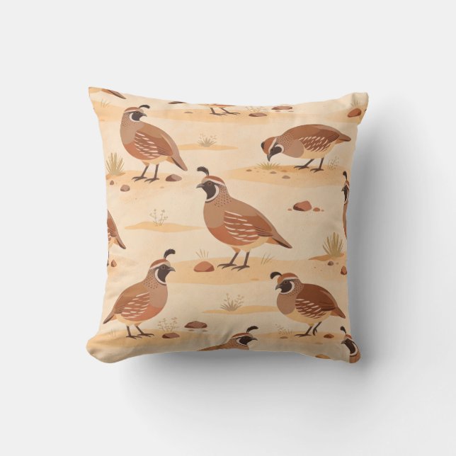 Desert Quail Pattern Warm Sand Minimal Wildlife Throw Pillow (Front)