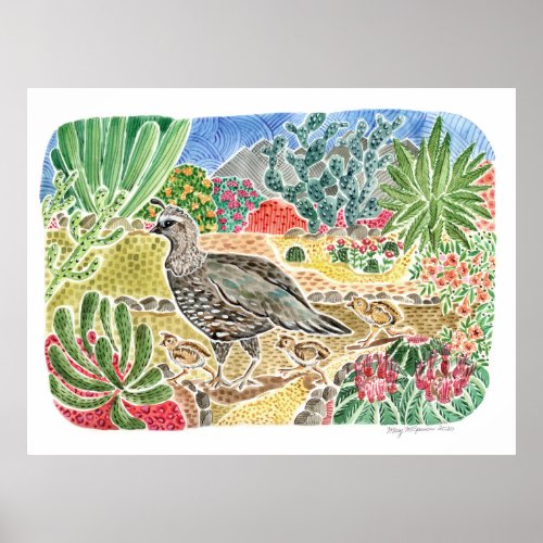 Desert Quail with Colorful Desert Landscape Poster
